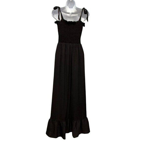 Summersalt Silky Luxe Maxi Dress Smocked Ruffle Hem Tie Straps Black Boho Size M - Picture 7 of 11